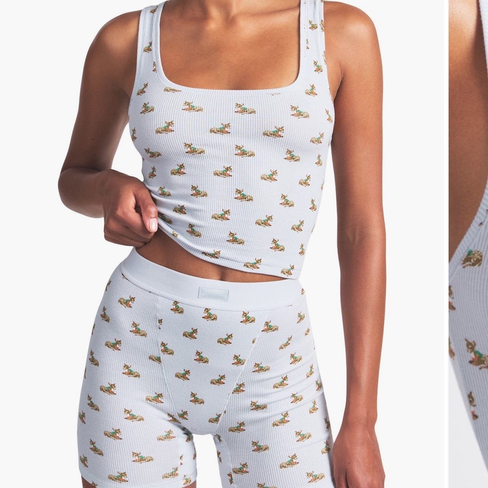 SKIMS Cotton Ribbed Tank Top In Deer Print Limited Edition Blue Baby Deer NEW